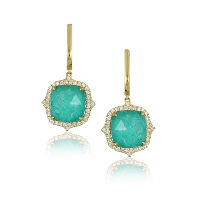 Yellow Gold 2/5ctw Diamond and Amazonite Cushion-shaped Dangle Earrings l DOVES