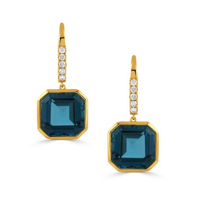 London Blue Topaz and 1/5ctw Diamond Yellow Gold Drop Earrings l DOVES