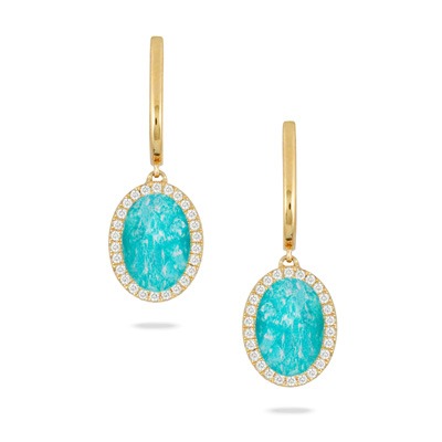Yellow Gold 1/5ctw Diamond and Amazonite Oval-shaped Dangle Earrings l DOVES
