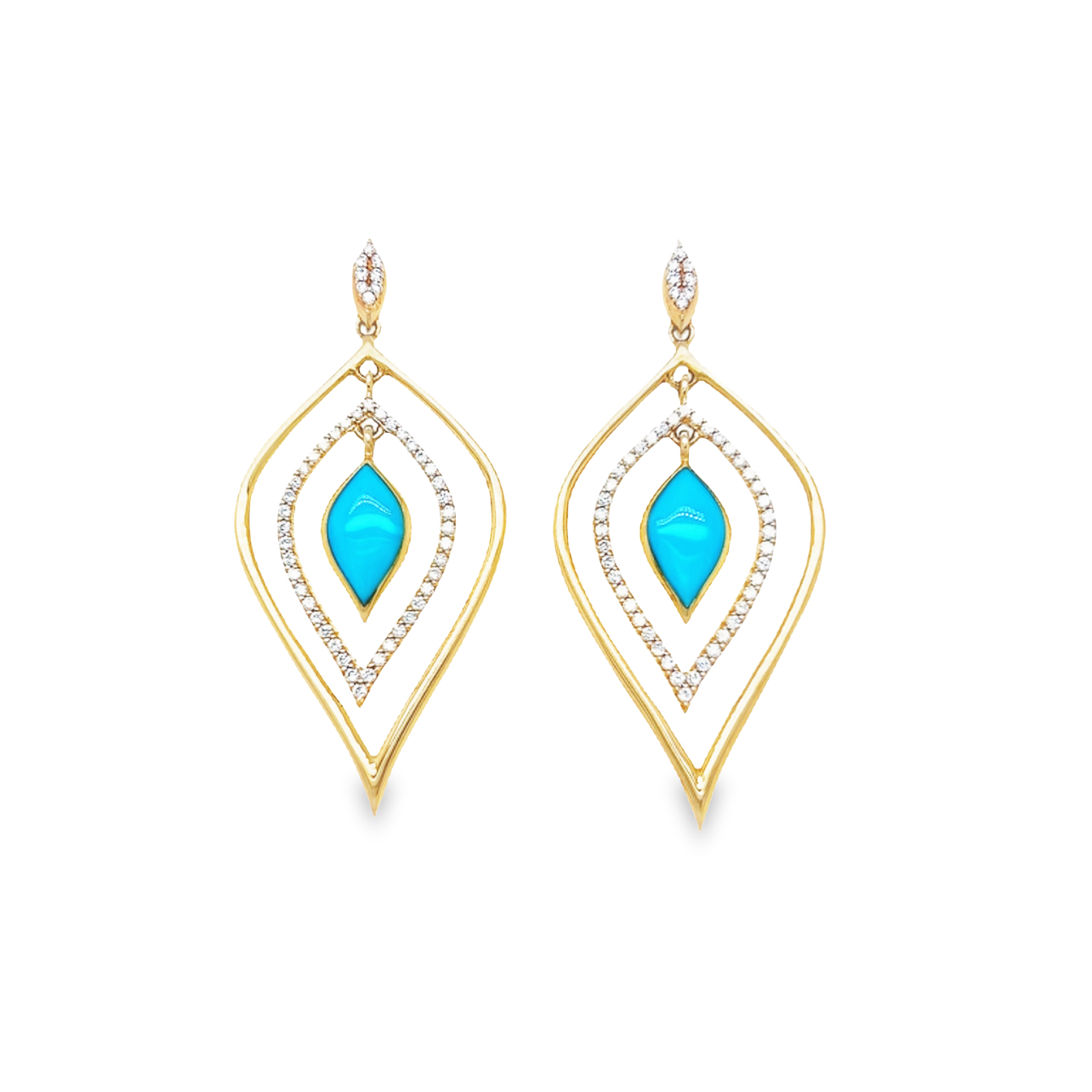 Yellow Gold Diamond and Sleeping Beauty Turquoise Dangle Drop Earrings l KABANA