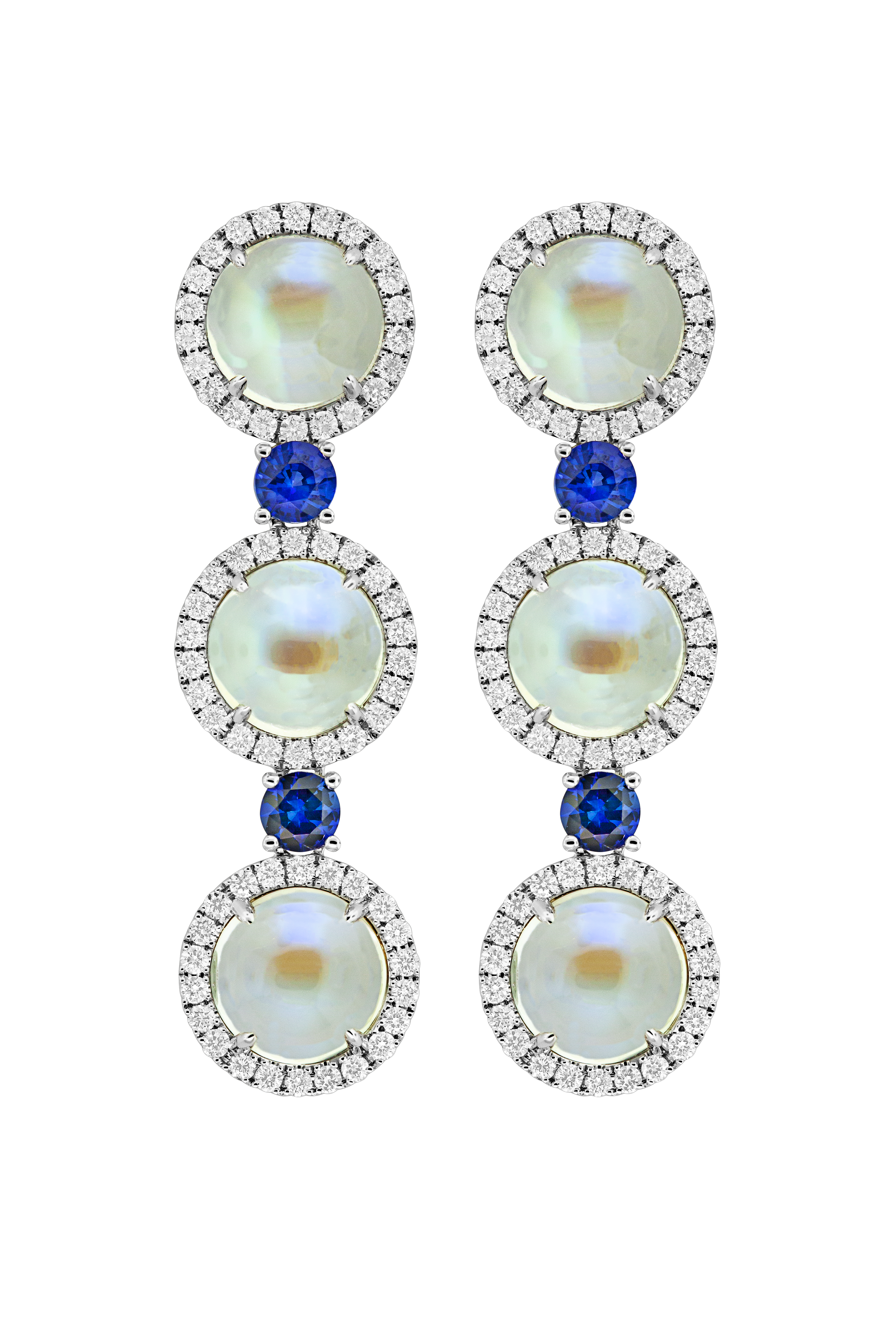 White Gold Moonstone Sapphire and Diamond Halo Drop Earrings