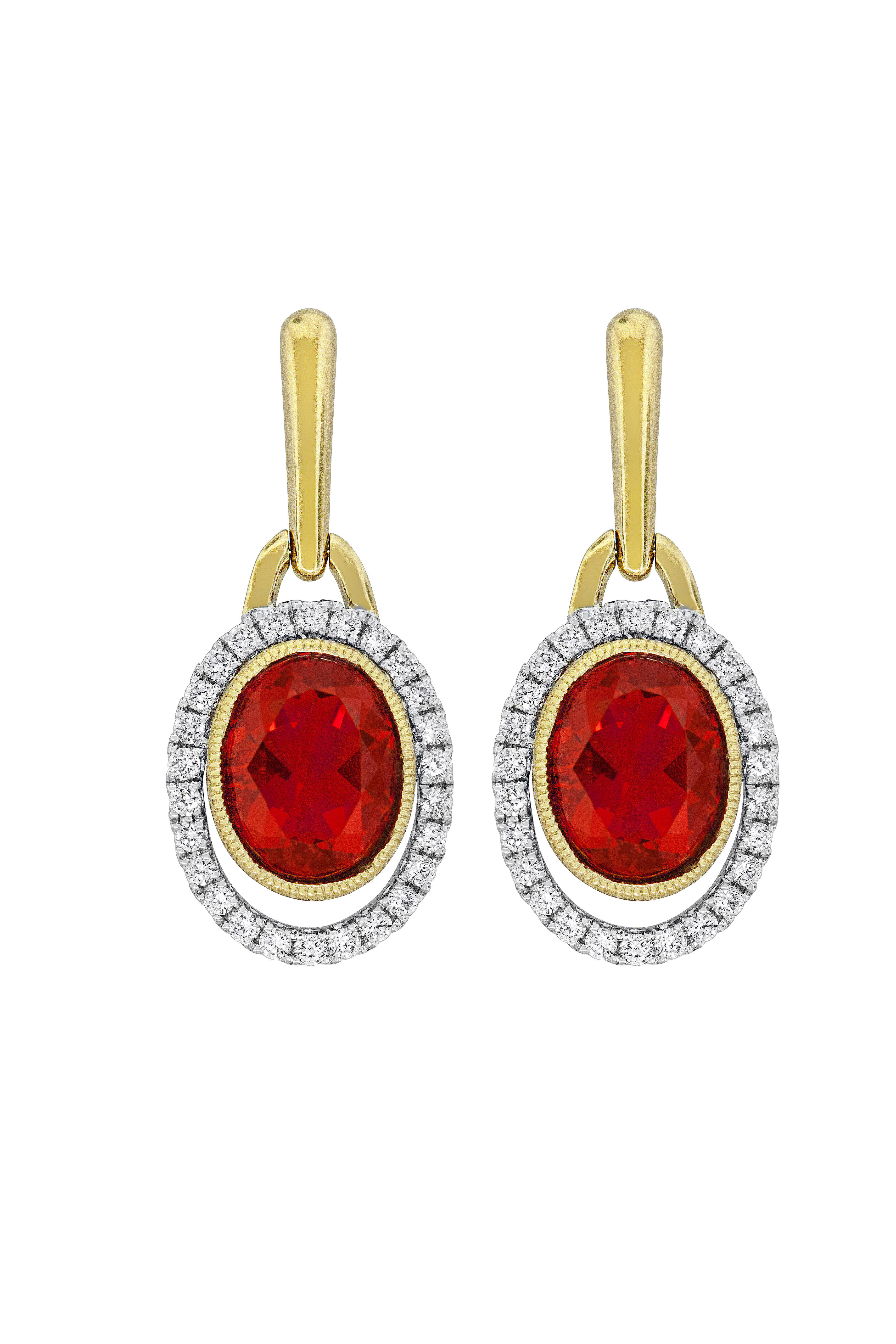 1/2ctw Diamond and Fire Opal Two-Tone Dangle Earrings
