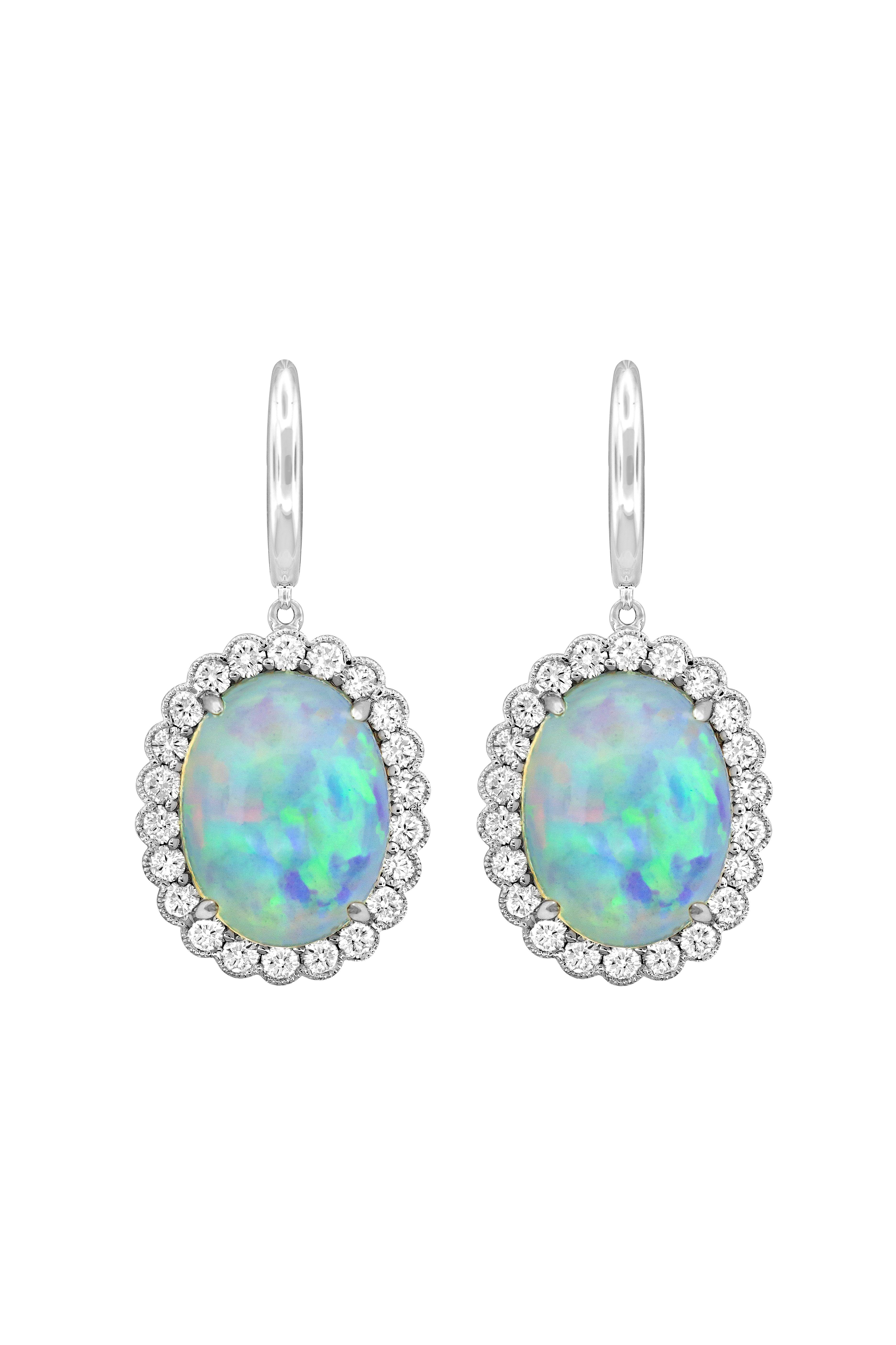 White Gold 1ctw Diamond Halo Oval Opal Dangle Earrings