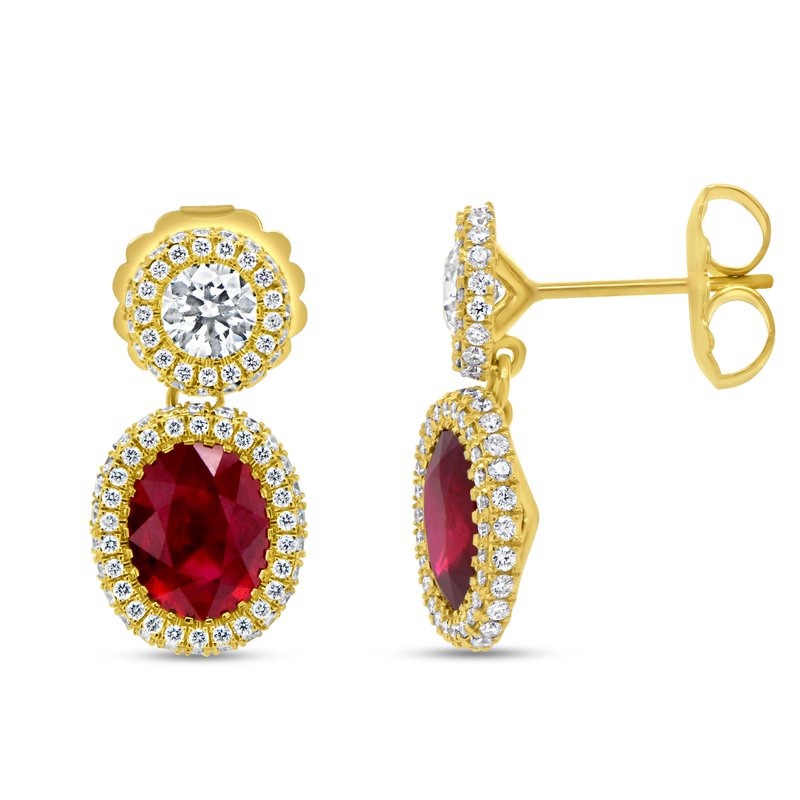Ruby and Diamond Yellow Gold Drop Stud Earrings