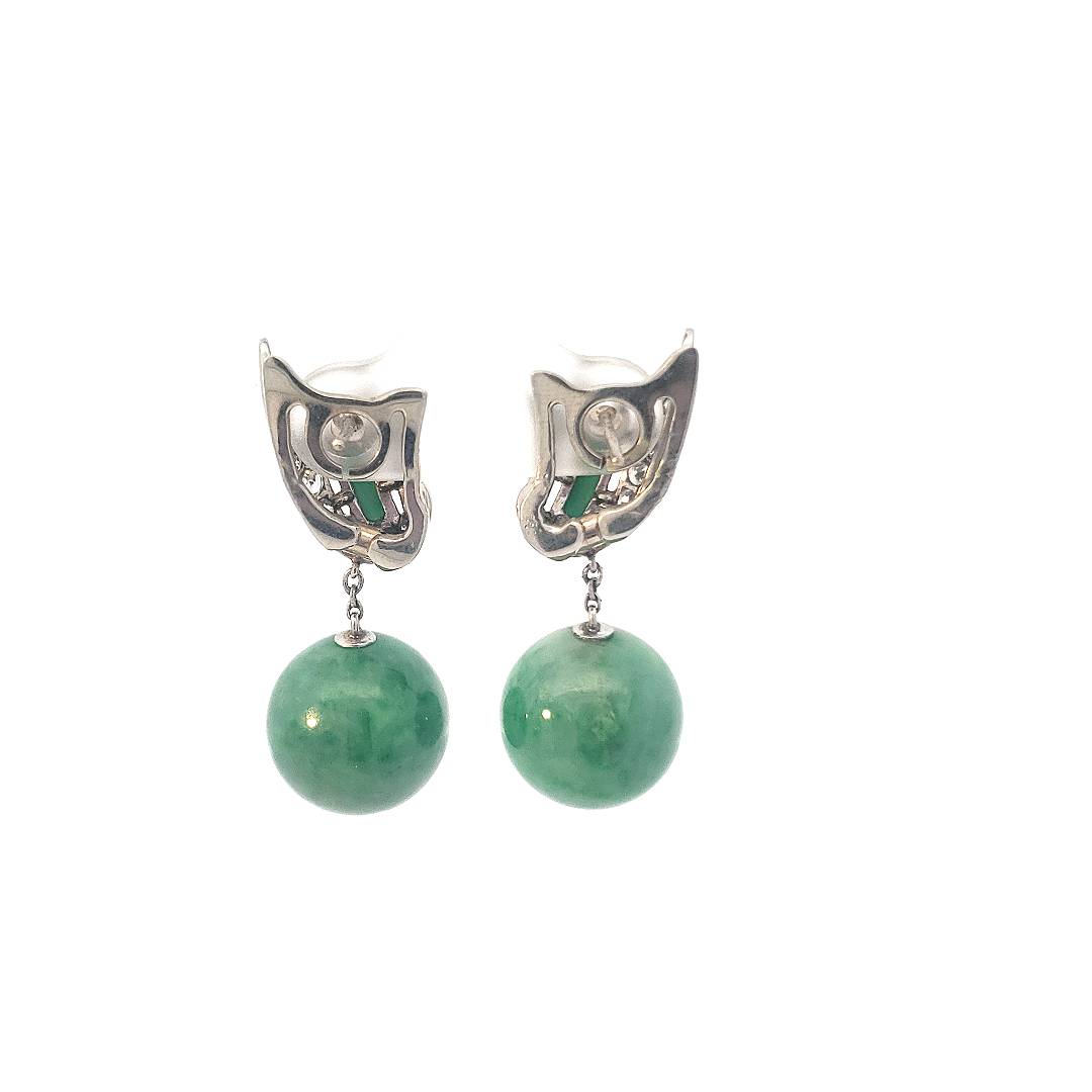 White Gold Vintage Diamond Jade Ball Drop Earrings