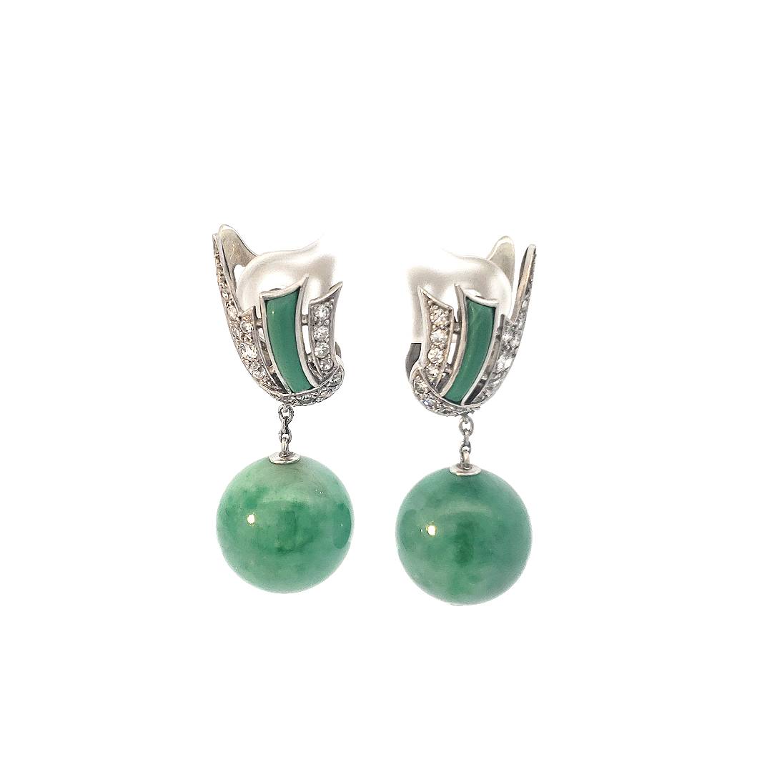 White Gold Vintage Diamond Jade Ball Drop Earrings