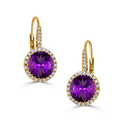 Amethyst and 1/3ctw Diamond Halo Yellow Gold Drop Earrings