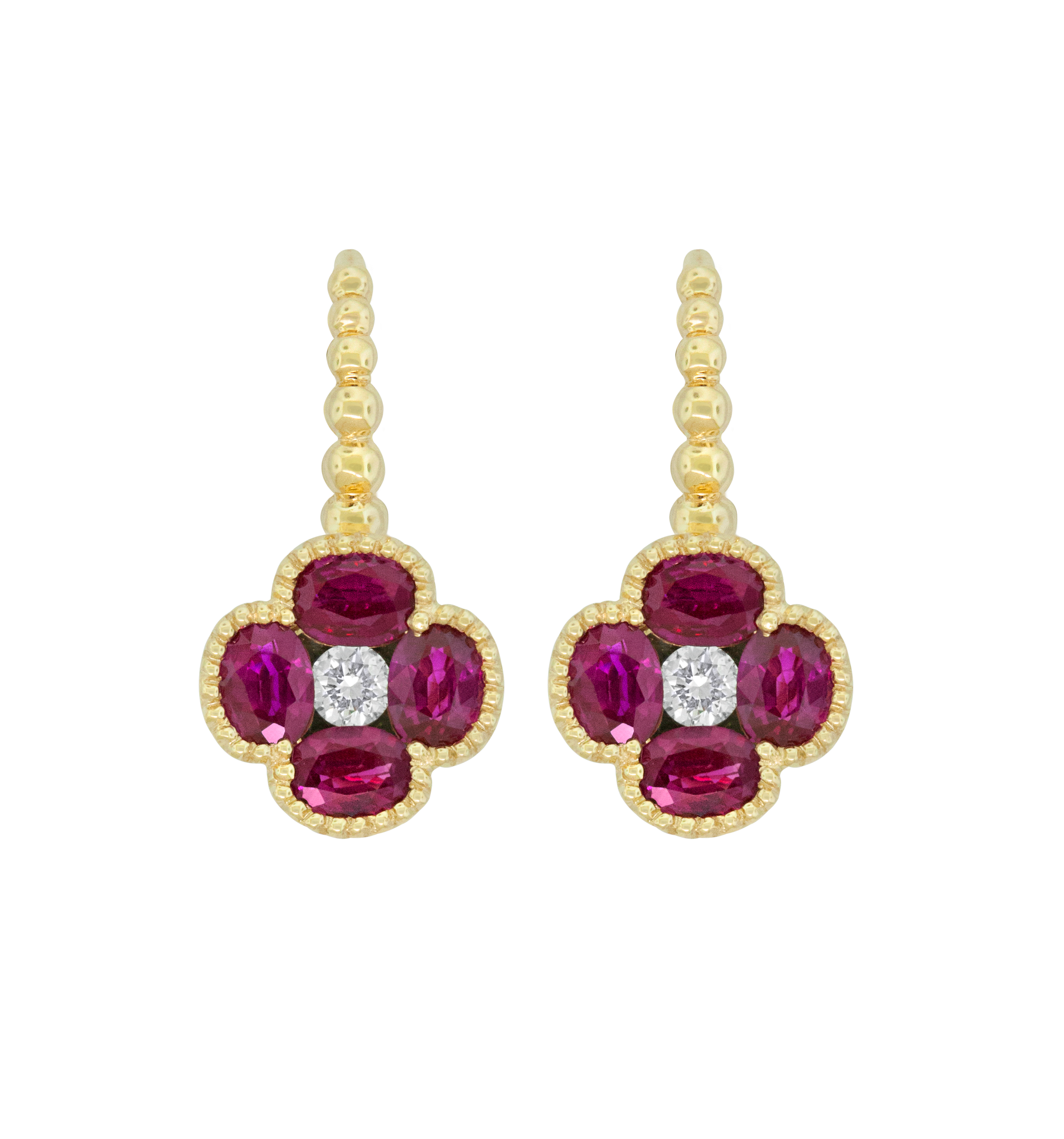 Oval Shaped Ruby & Diamond Flower Cluster Earrings in Yellow Gold