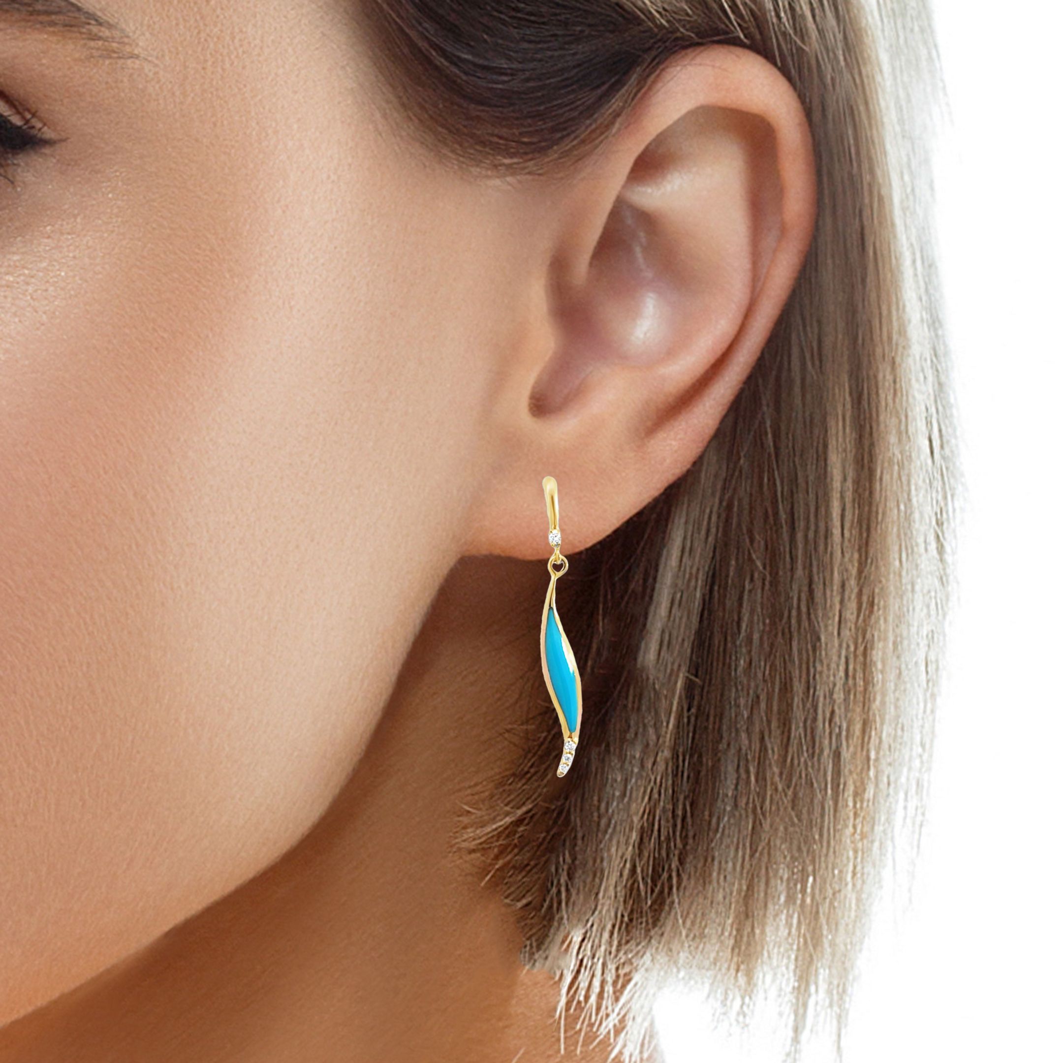 1/20ctw Diamond and Turquoise Yellow Gold Drop Earrings l KABANA