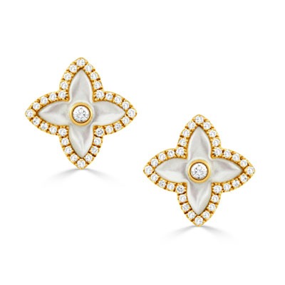 DOVES 1/2ctw Diamond and Mother of Pearl Flower Stud Earrings in 18k Yellow Gold l RAVENNA