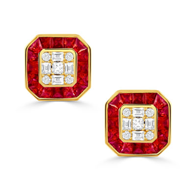 Ruby and Diamond Stud Earrings in 18k Yellow Gold