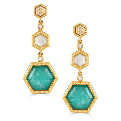 Yellow Gold Diamond and Amazonite with Mother of Pearl Dangle Earrings l DOVES
