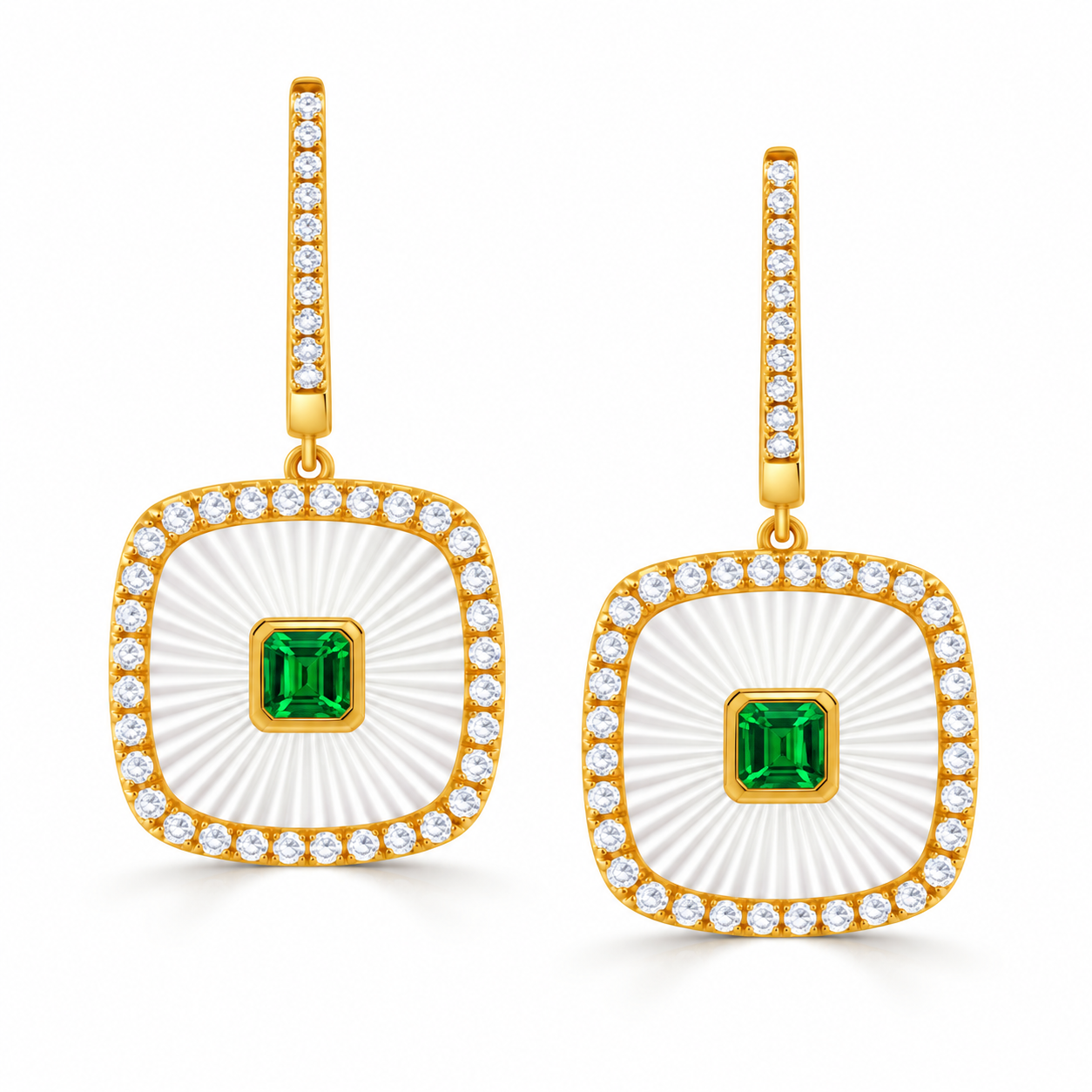 Yellow Gold 7/10cts Diamond with Carved Mother of Pearl and Tsavorite Drop Earrings l DOVES
