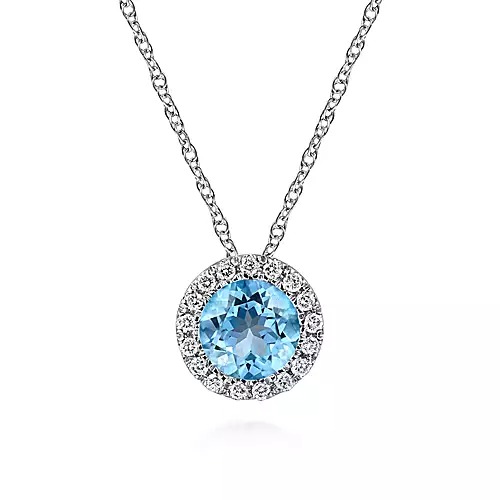 Swiss Blue Topaz and Diamond Halo Necklace