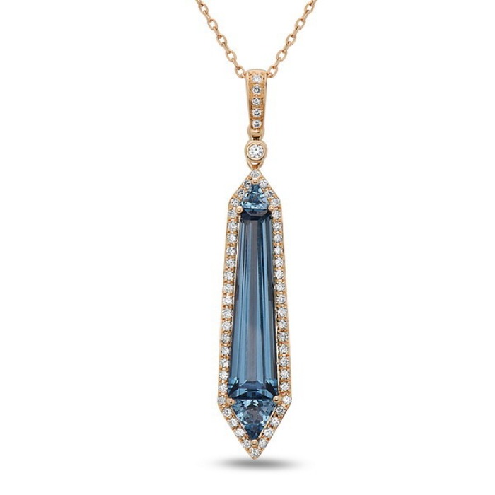 14k Rose Gold 3.78cts London Blue Topaz with .29tdw H-I SI Round Diamonds Geometric shaped Pendant Necklace on 18" cable chain with lobster clasp