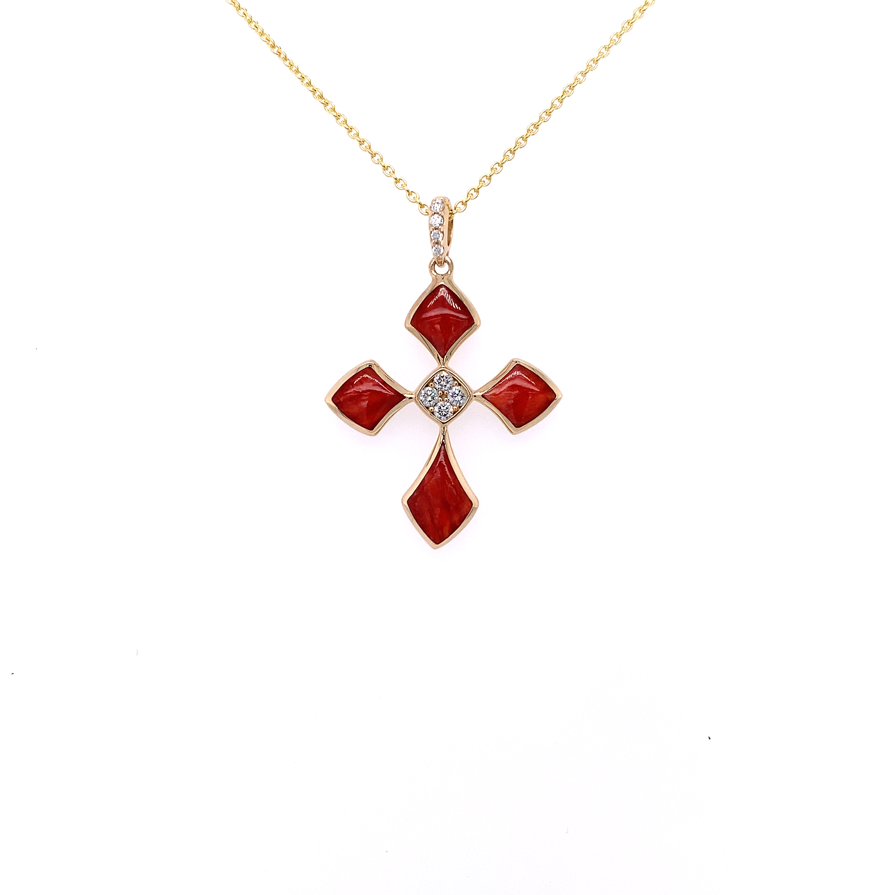 Kabana Spiny Oyster Diamond Inlay Cross Pendant Necklace