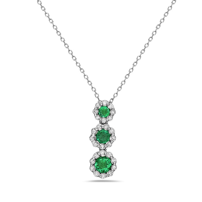 White Gold Emerald and 1/10ctw Diamond Three Stone Halo Drop Pendant Necklace