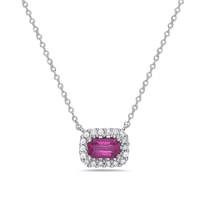 White Gold Ruby and 1/10ctw Diamond Halo Pendant Necklace Small