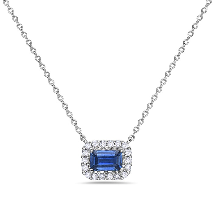 White Gold Sapphire and 1/10ctw Diamond Halo Pendant Necklace Small