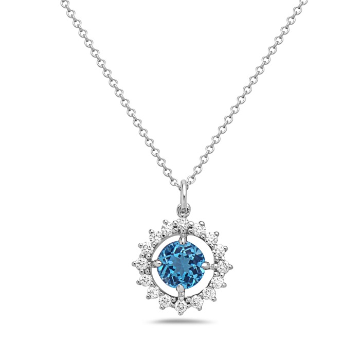 White Gold 3/20ctw Diamond Halo and Blue Topaz Pendant Necklace