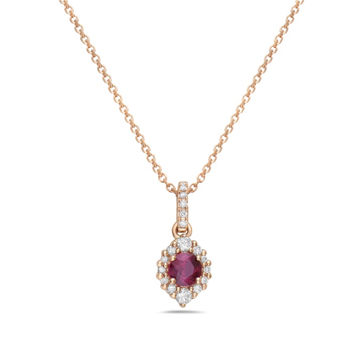 Rose Gold Ruby and 1/10ctw Diamond Halo Pendant Necklace Small