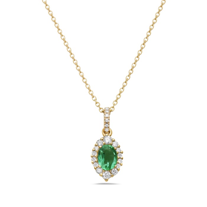 Yellow Gold Emerald and 1/5ctw Diamond Halo Pendant Necklace