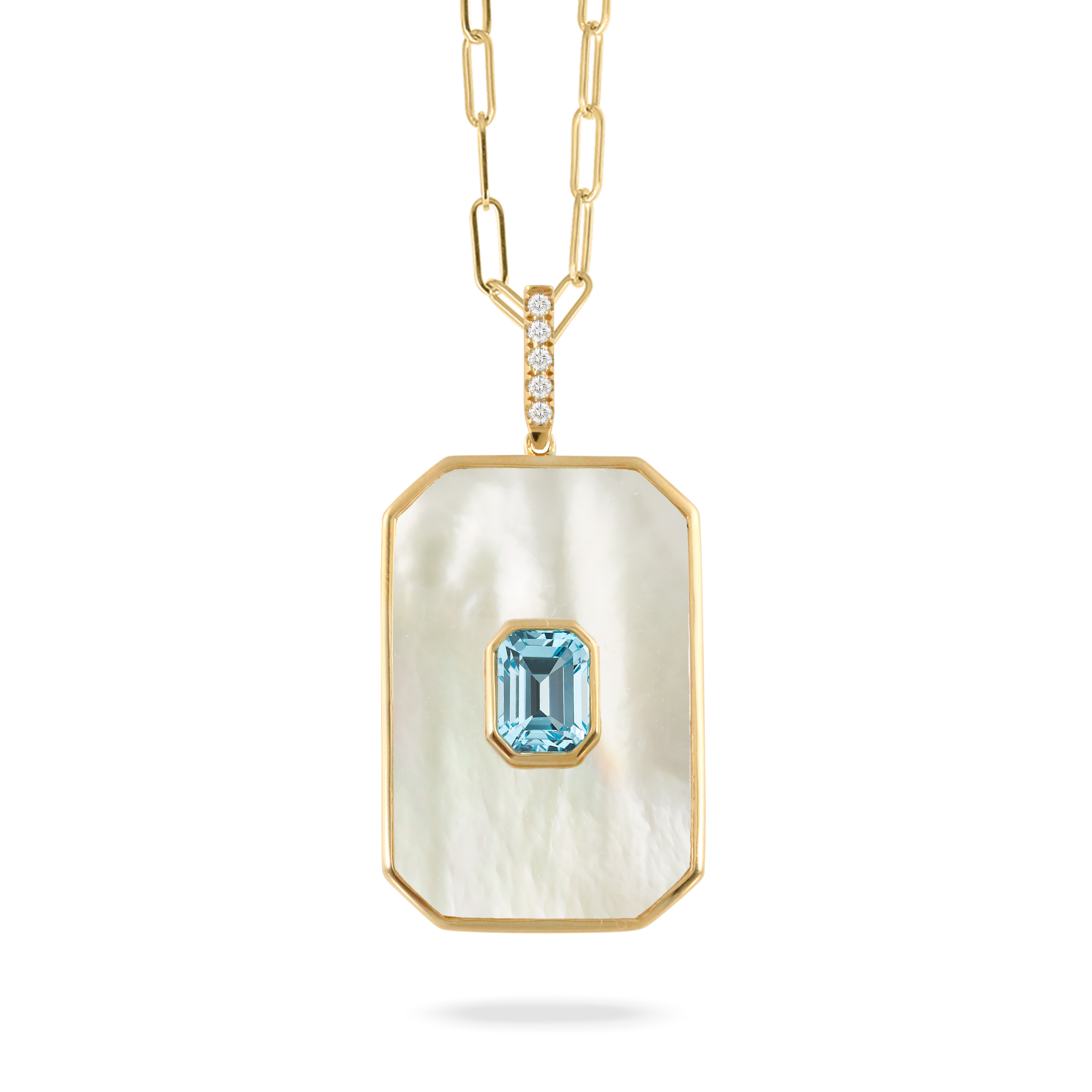 DOVES Sky Blue Topaz and Mother of Pearl Yellow Gold 1/10ctw Diamond Pendant Necklace | Mykonos