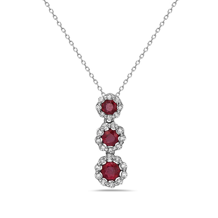 White Gold Ruby and 1/10ctw Diamond Three Stone Halo Drop Pendant Necklace