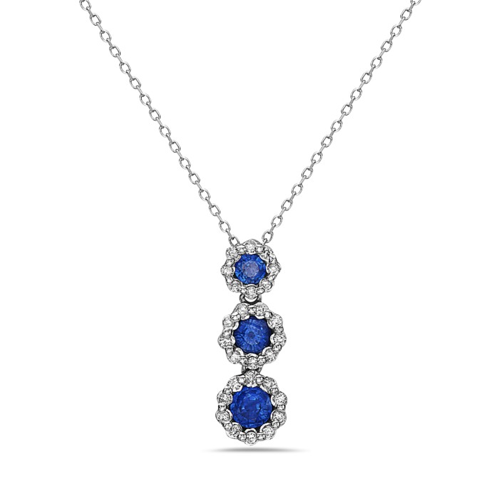 White Gold Sapphire and 1/10ctw Diamond Three Stone Halo Drop Pendant Necklace