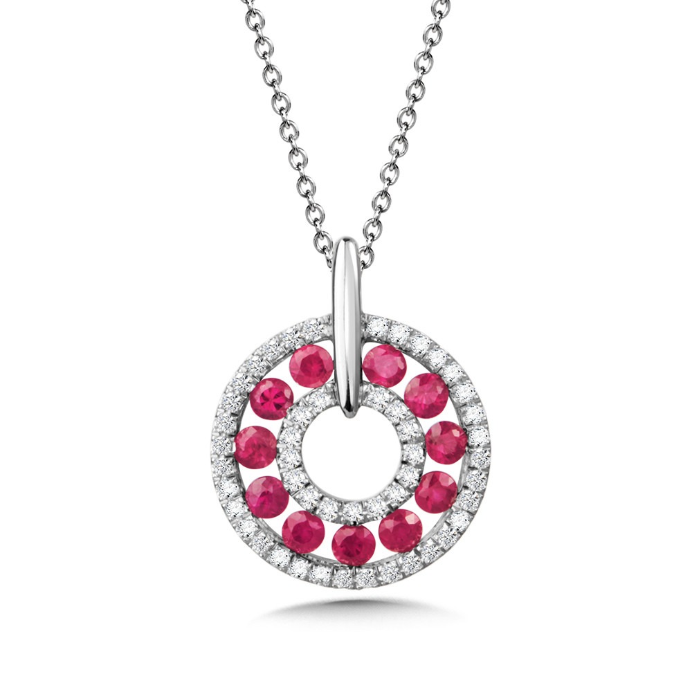 Ruby and 1/10ctw Diamond Halo White Gold Circle Pendant Necklace