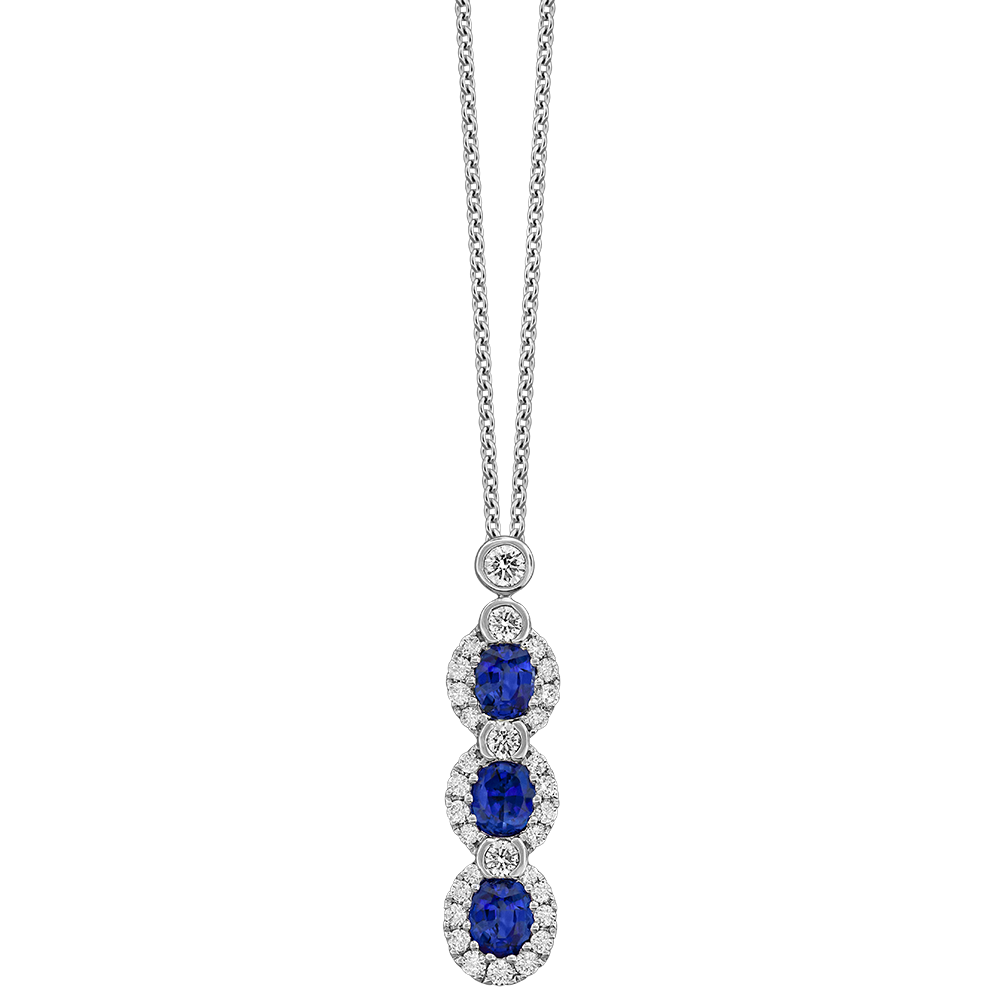 Sapphire and 2/5ctw Diamond Three Stone Halo Drop Pendant Necklace l 17 inches