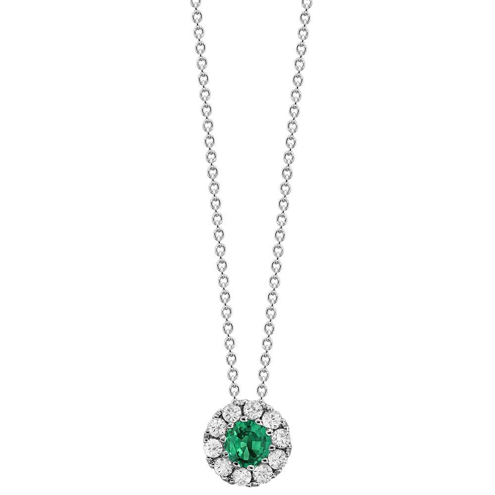 Emerald and 1/4ctw Diamond Halo White Gold Pendant Necklace