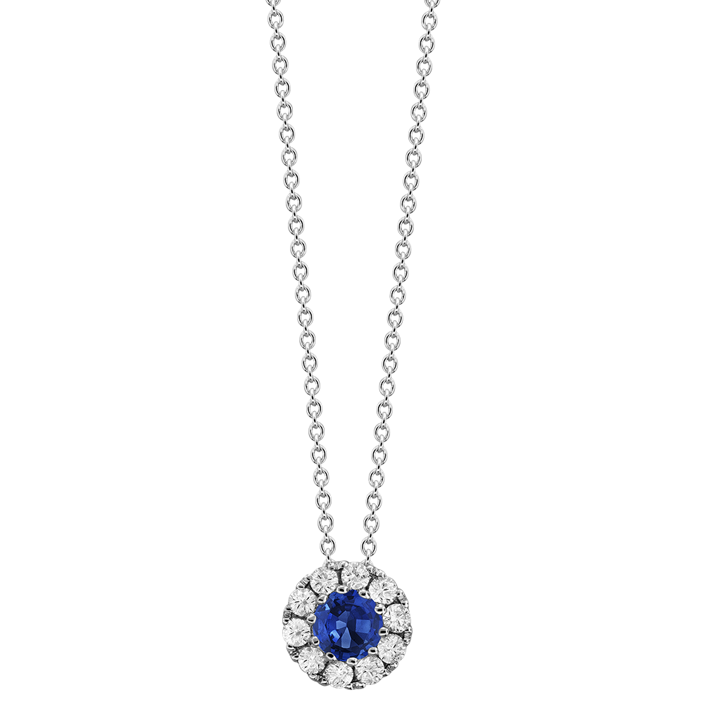Sapphire and 1/4ctw Diamond Halo White Gold Pendant Necklace