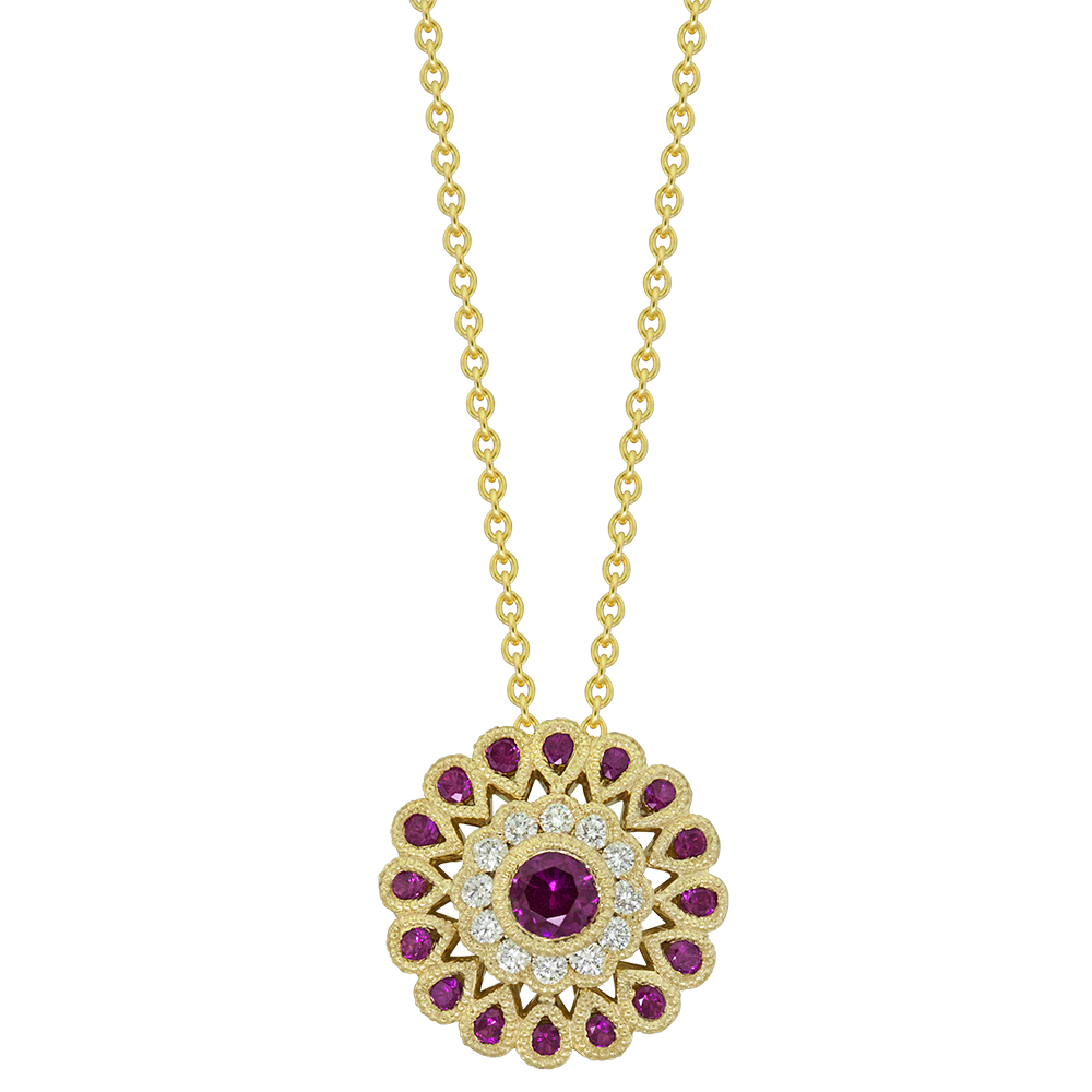 Ruby and 3/20ctw Diamond Circle Yellow Gold Pendant Necklace