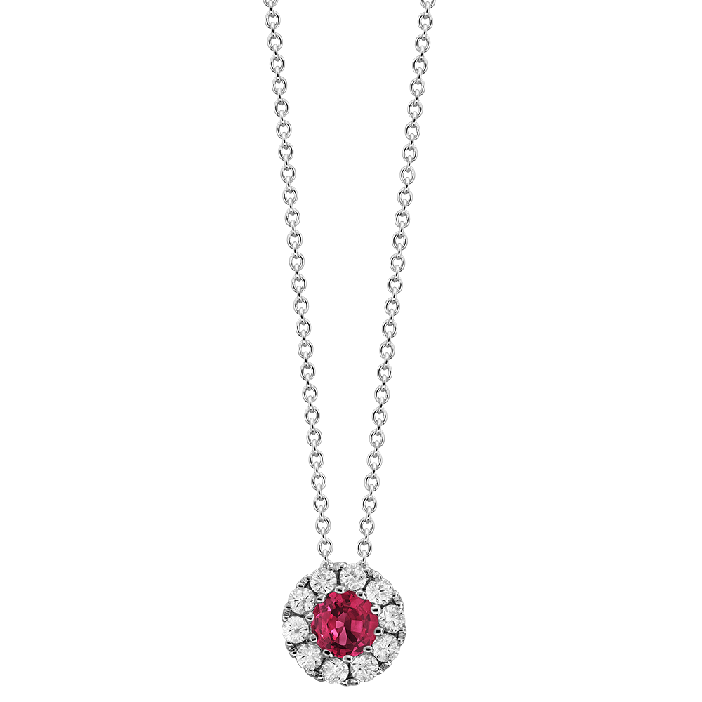 Ruby and 1/4ctw Diamond Halo White Gold Pendant Necklace