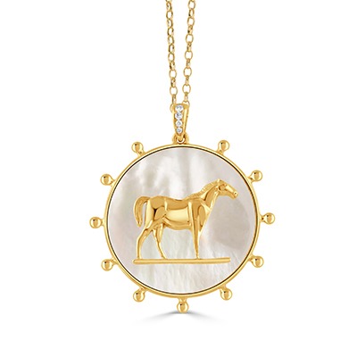 Yellow Gold Mother of Pearl Horse Equestrian Round Medallion Pendant Necklace l DOVES