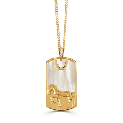 Yellow Gold 1/25ctw Diamond and Mother of Pearl Equestrian Horse Tag Pendant Necklace l DOVES