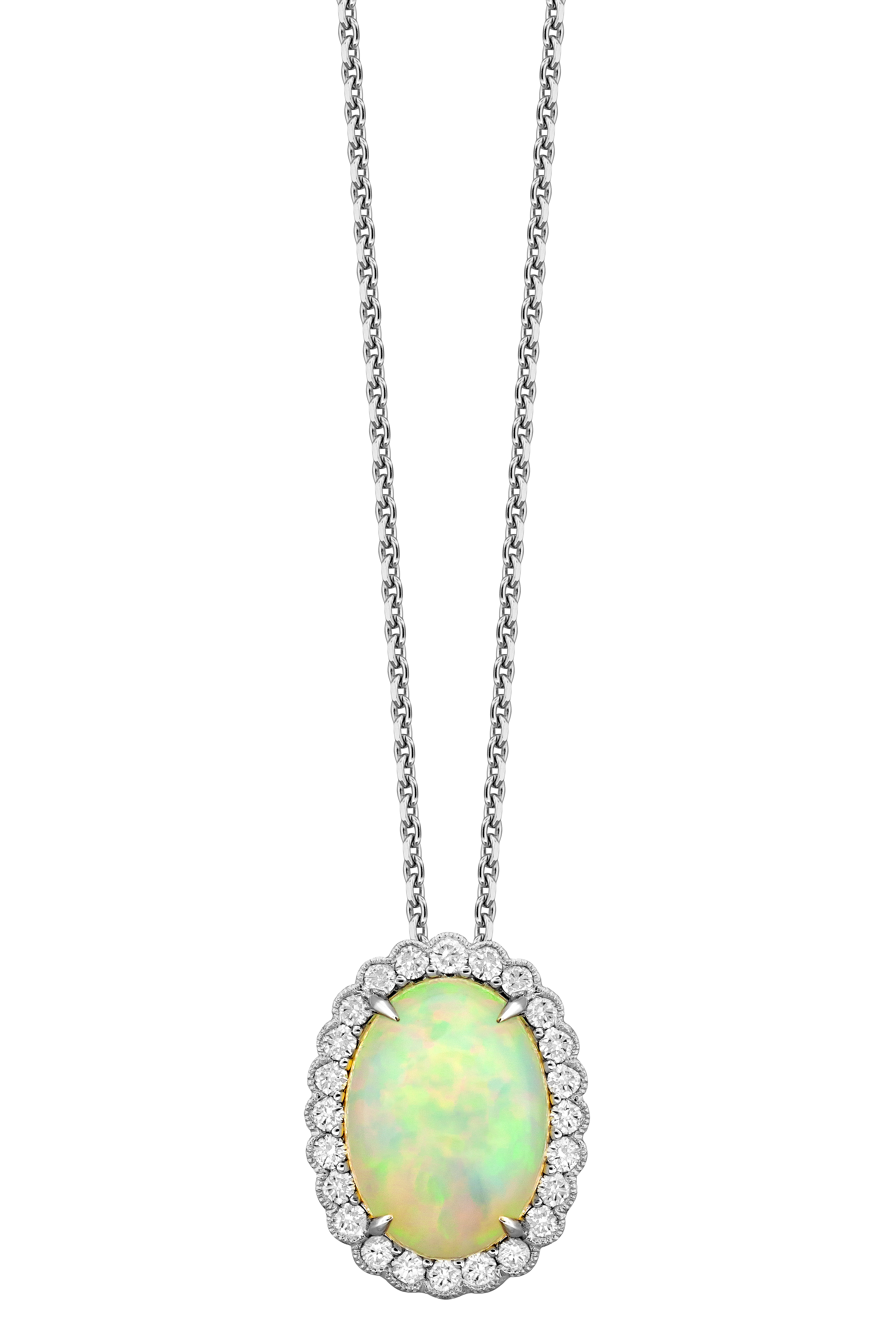 16" 3.57ctOP .48ctw FG VS 18KW Diamond Halo Ethiopian Oval Cabachon Opal on cable chain with trigger lobster clasp by Spark Creations