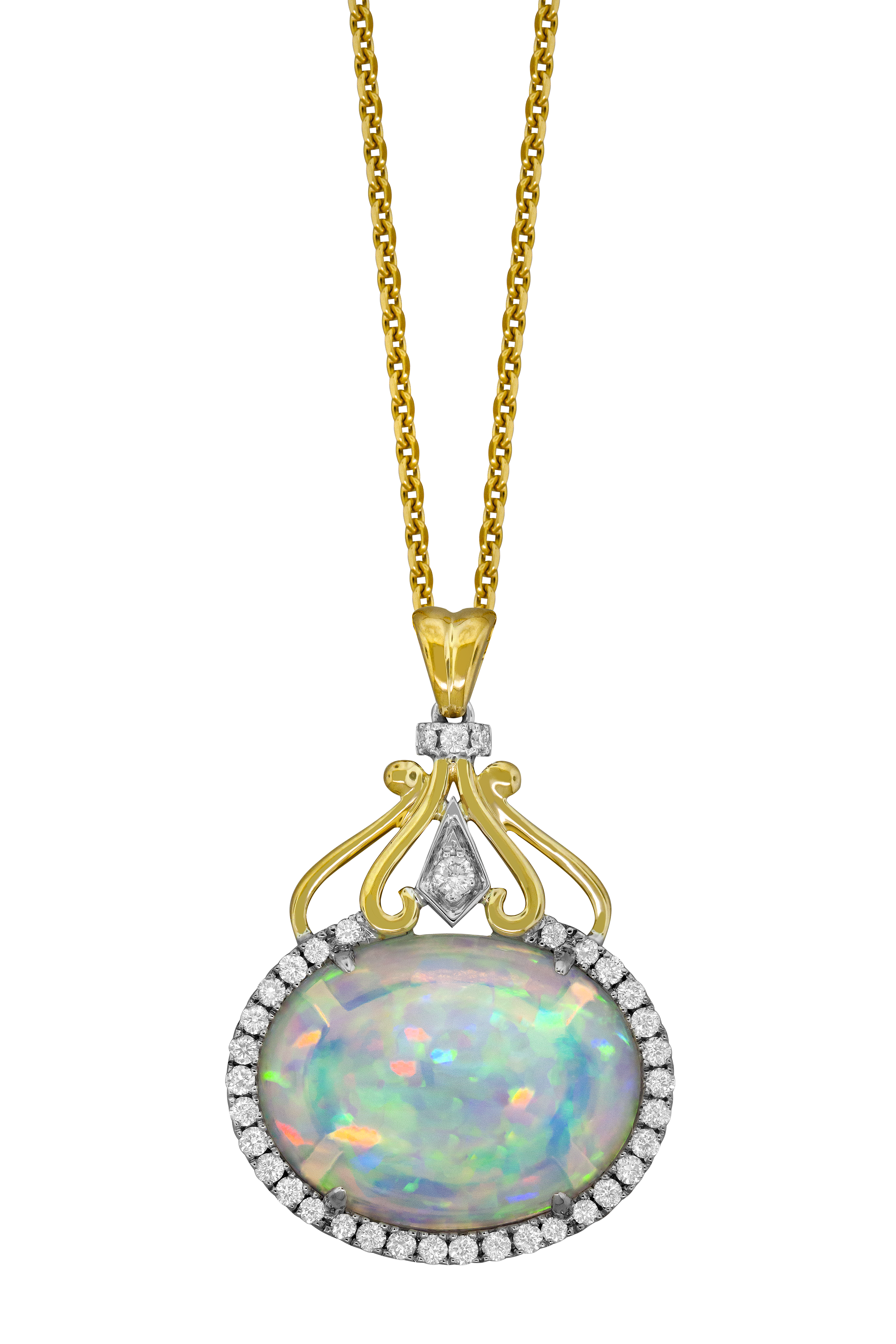 3/10ctw Diamond Halo and Oval-cut Opal Two-Tone Pendant Necklace