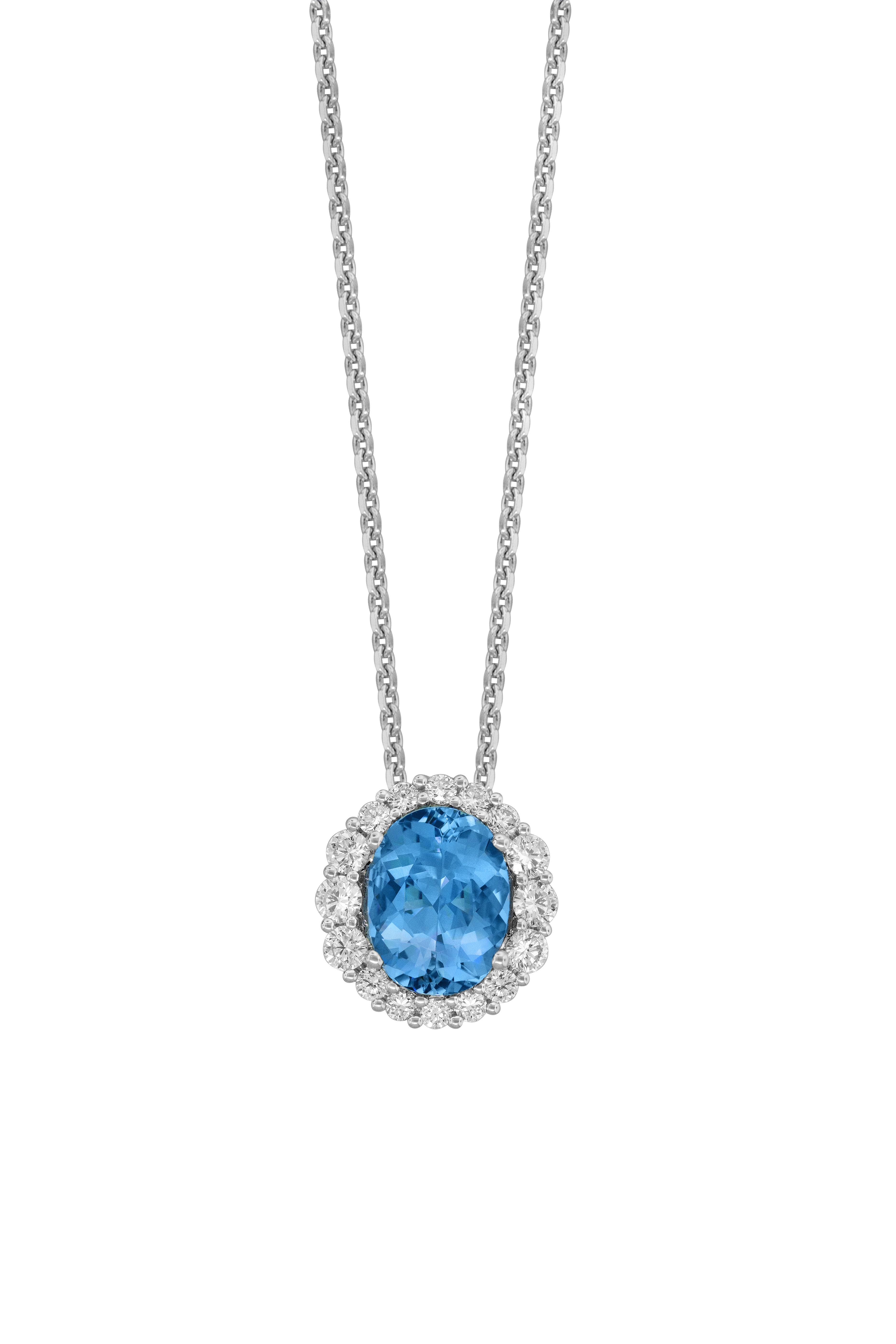 Oval-Shaped Aquamarine and 2/5ctw Diamond Halo White Gold Pendant Necklace