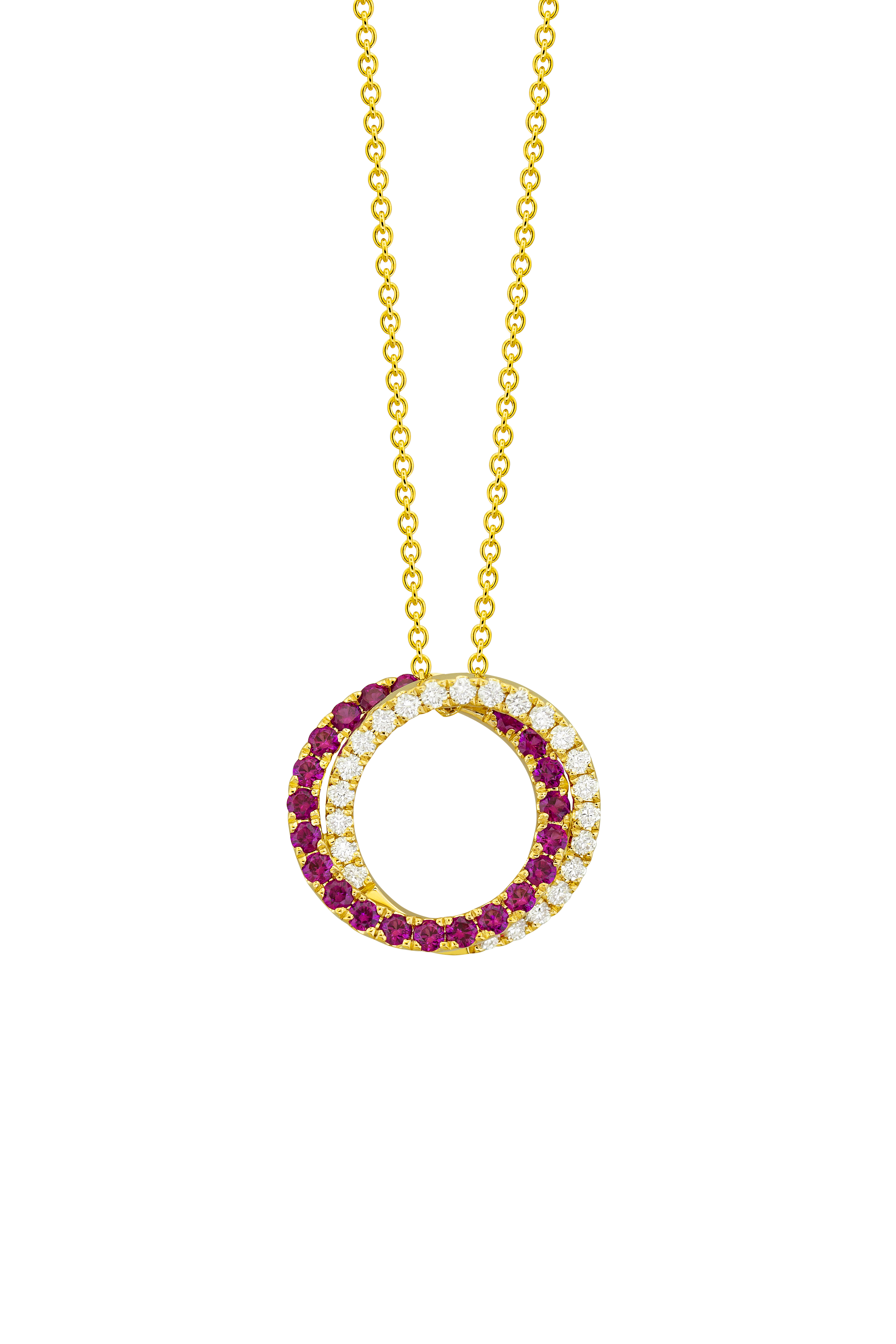 Ruby and 1/4ctw Diamond Yellow Gold Double Circle Pendant Necklace l 17 inches