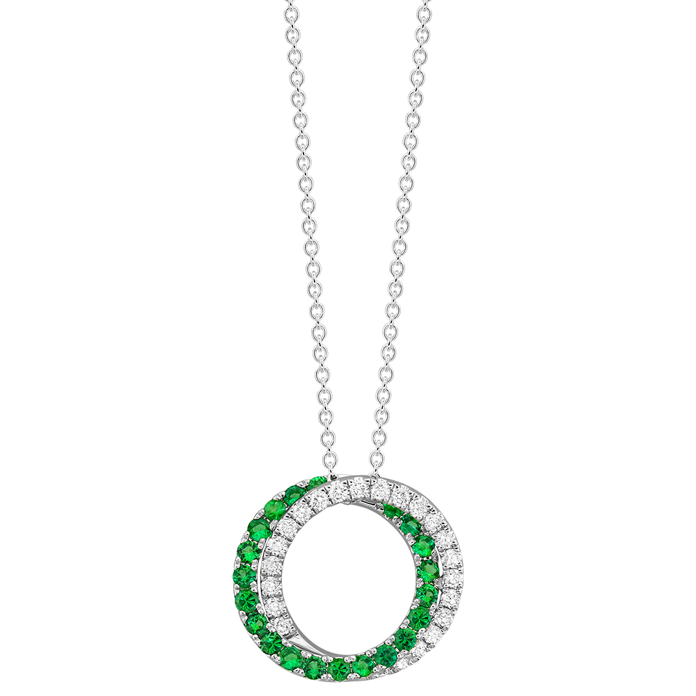 Emerald and 1/4ctw Diamond White Gold Double Circle Pendant Necklace l 17 inches