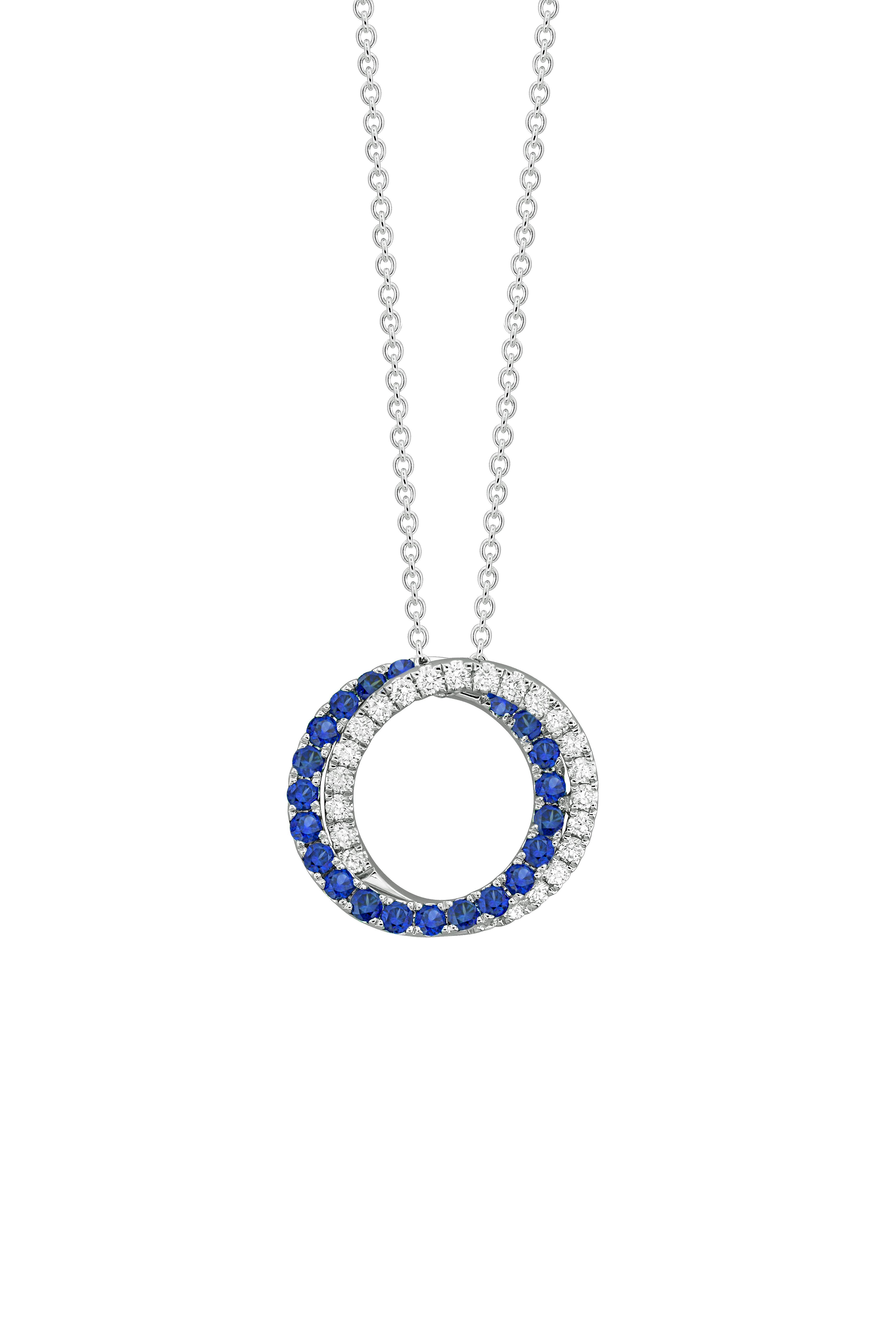 Blue Sapphire and 1/4ctw Diamond White Gold Double Circle Pendant Necklace l 17 inches