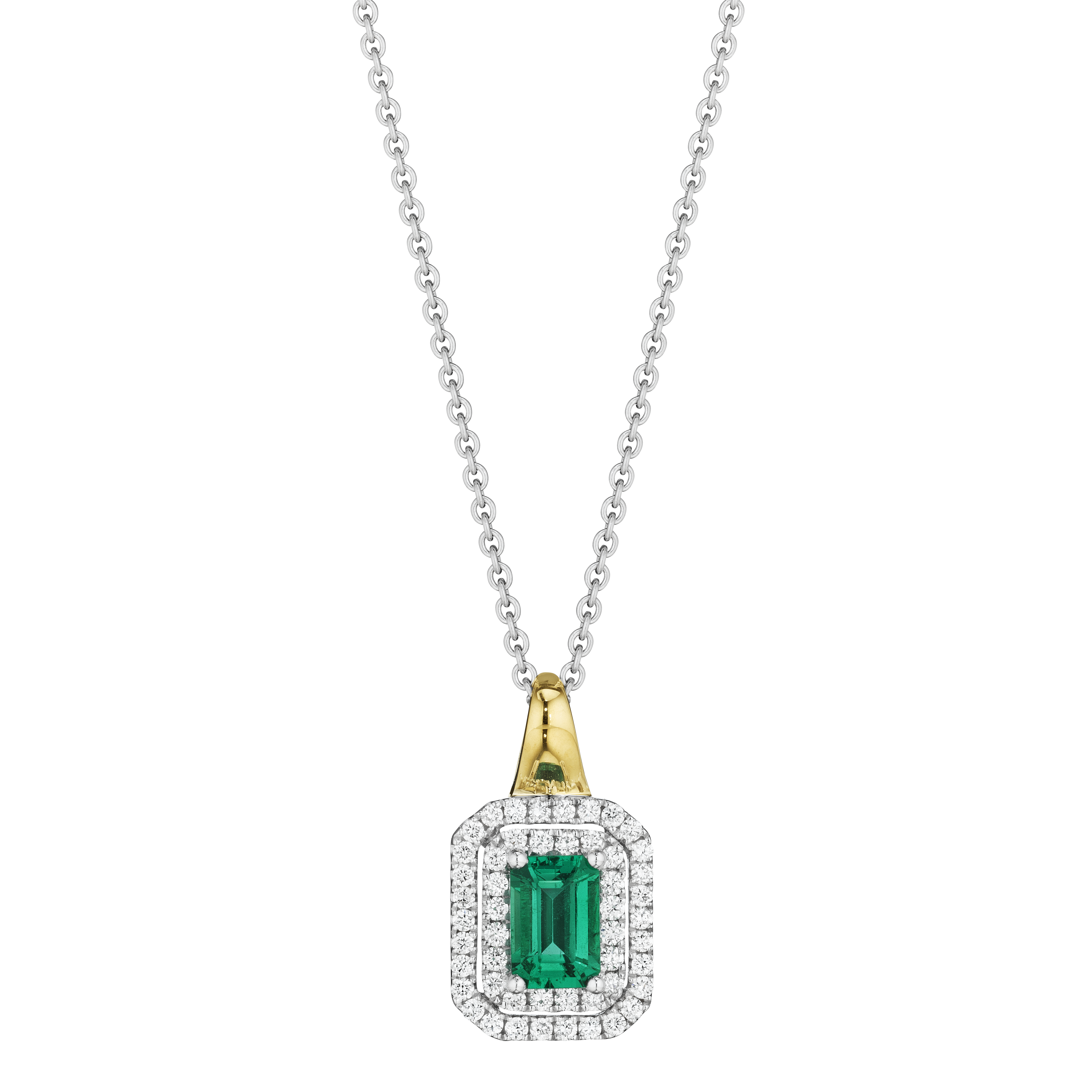 Emerald and Diamond Double Halo Two-Tone Pendant Necklace