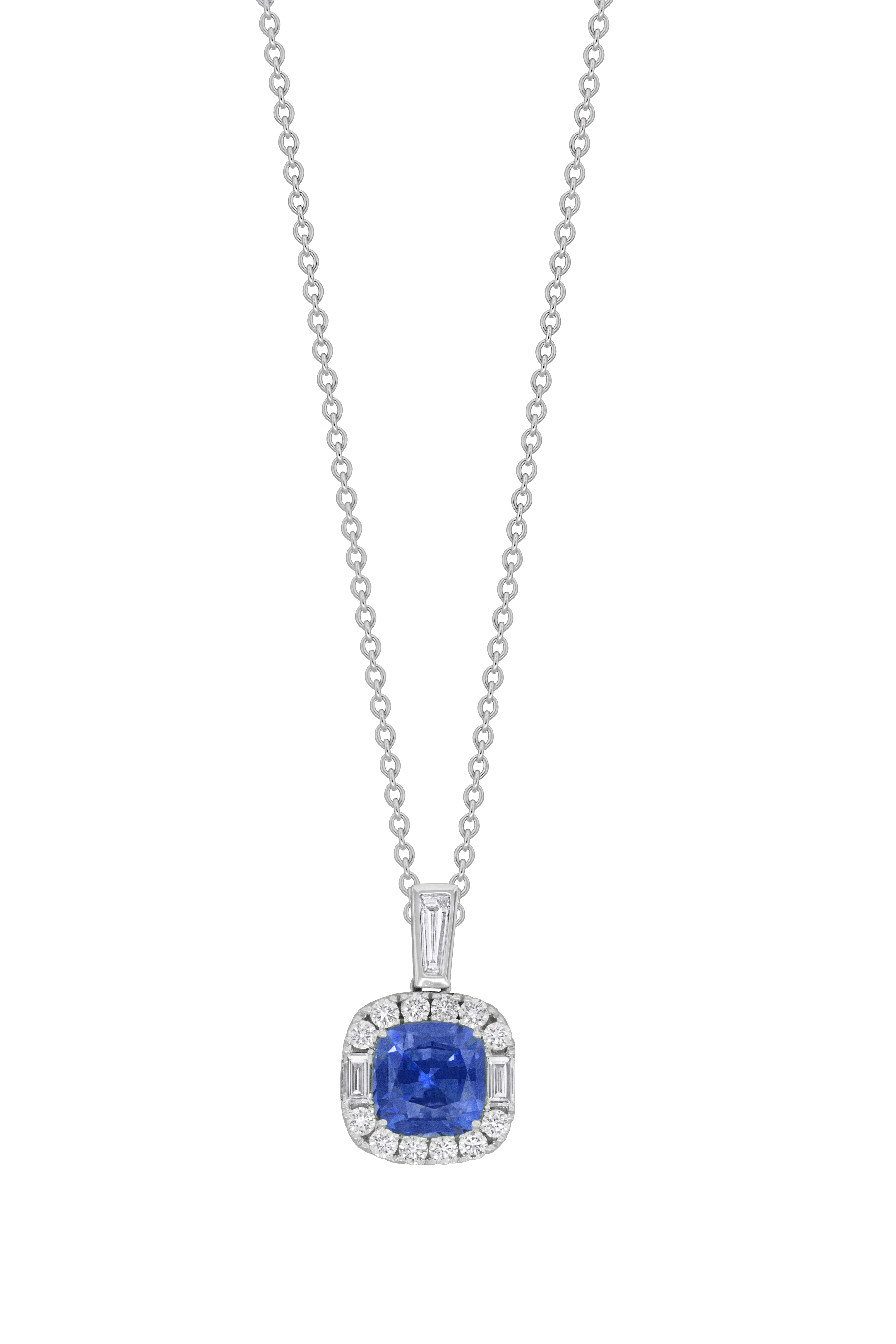 White Gold Sapphire and 1/3ctw Diamond Cushion-Shaped Halo Pendant Necklace