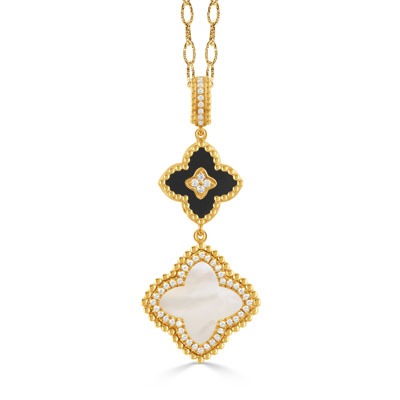 DOVES Ravenna Mother of Pearl and Onyx with 1/4ctw Diamond Pendant Necklace in 18k Yellow Gold
