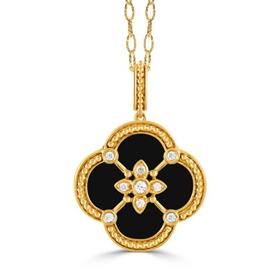 DOVES 1/10ctw Diamond and Onyx Flower Pendant Necklace l RAVENNA