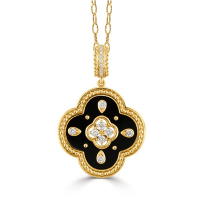DOVES 1/5ctw Diamond and Onyx Flower Pendant Necklace l RAVENNA