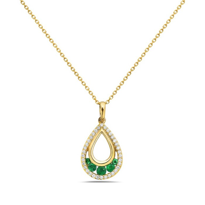 Yellow Gold Emerald and Diamond Pearshaped Pendant Necklace l 18 inches