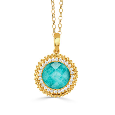 Yellow Gold Round Amazonite and Diamond Halo Pendant Necklace l DOVES